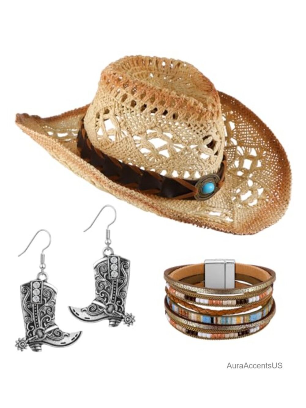 Western Straw Cowboy Hat Set with Layered Bracelet and Boots Earrings